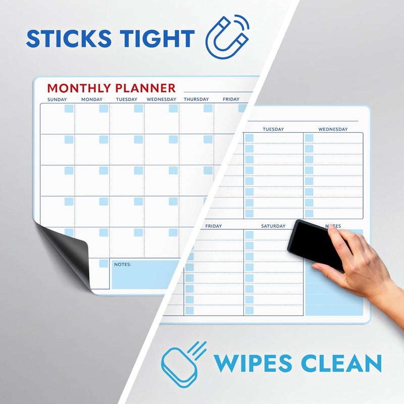 Beech & Lambert Magnetic Whiteboard Calendar for Fridge – 2-Pack Monthly & Weekly Planners (14”x12”) – Dry Erase Boards with Notes Section, Shaded Dates – Includes 4 Markers & Magnetic Eraser - Image 4